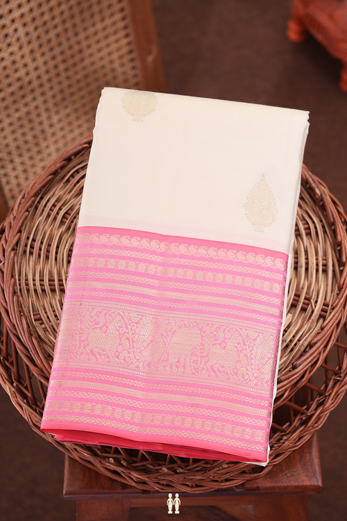 Kanchipuram Silk Saree In White With Zari Buttas