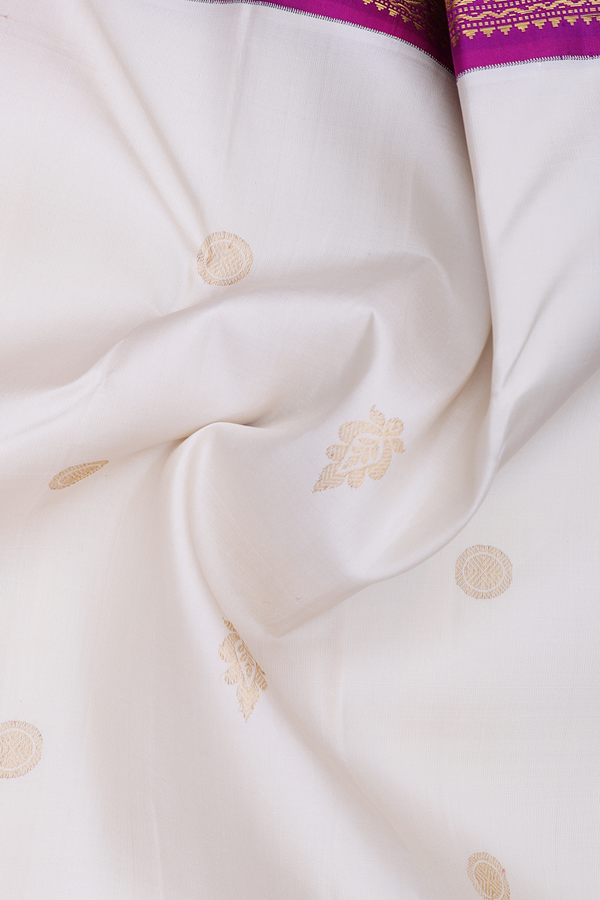 Kanchipuram Silk Saree In White With Zari Buttas
