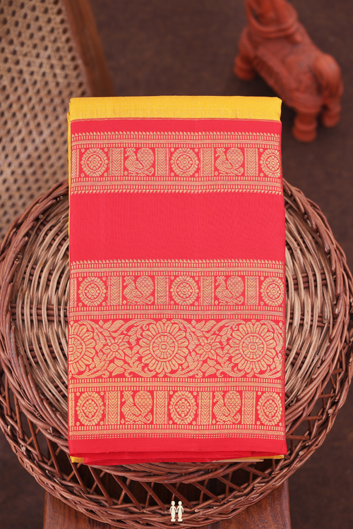 Kanchipuram Silk Saree In Yellow Along Checks With Buttas