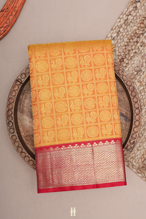 Kanchipuram Silk Saree In Yellow Along Checks With Buttas