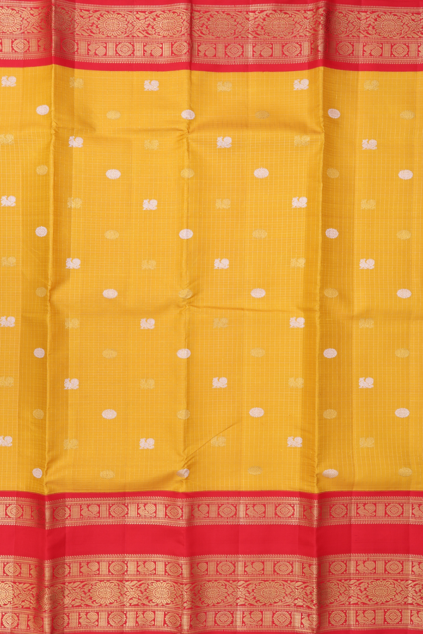 Kanchipuram Silk Saree In Yellow Along Checks With Buttas