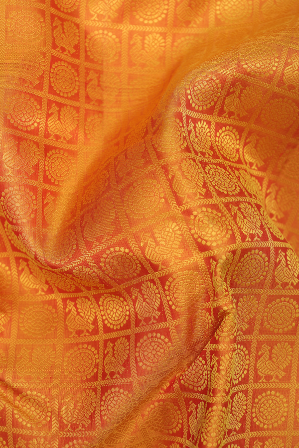 Kanchipuram Silk Saree In Yellow Along Checks With Buttas