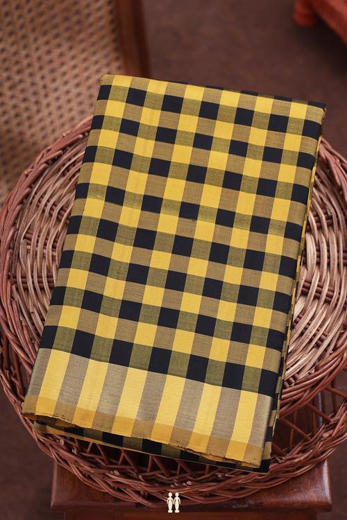 Kanchipuram Silk Saree In Yellow And Black With Checks Design