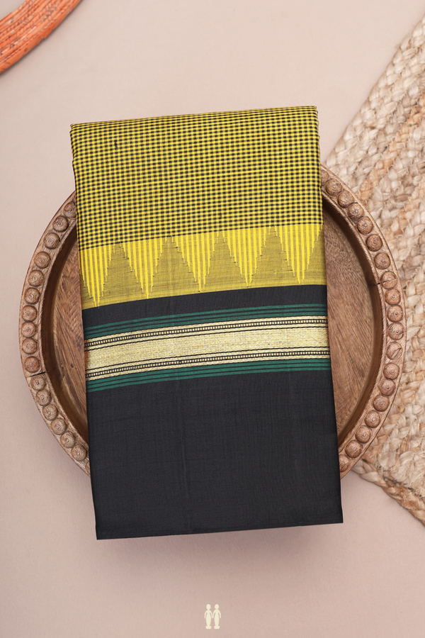 Kanchipuram Silk Saree In Yellow And Black With Checks Design