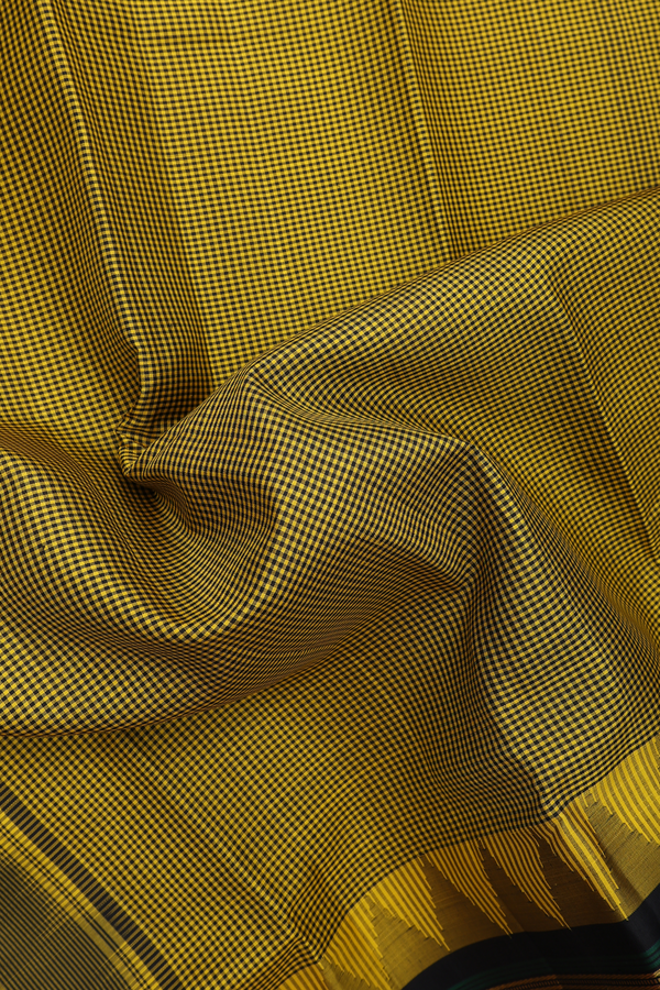 Kanchipuram Silk Saree In Yellow And Black With Checks Design