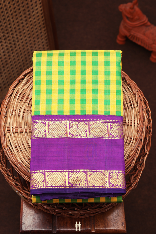 Kanchipuram Silk Saree In Yellow And Green With Checks Design