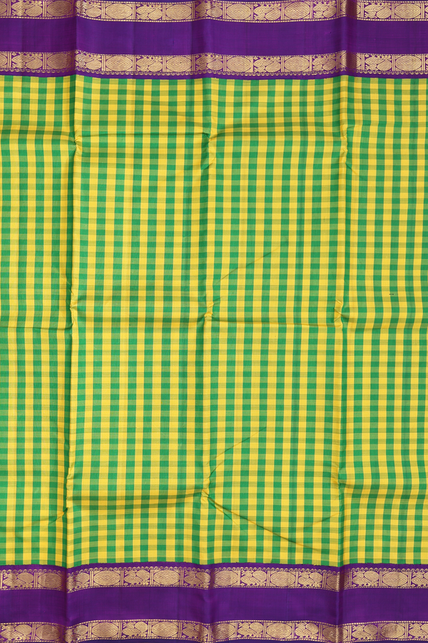 Kanchipuram Silk Saree In Yellow And Green With Checks Design