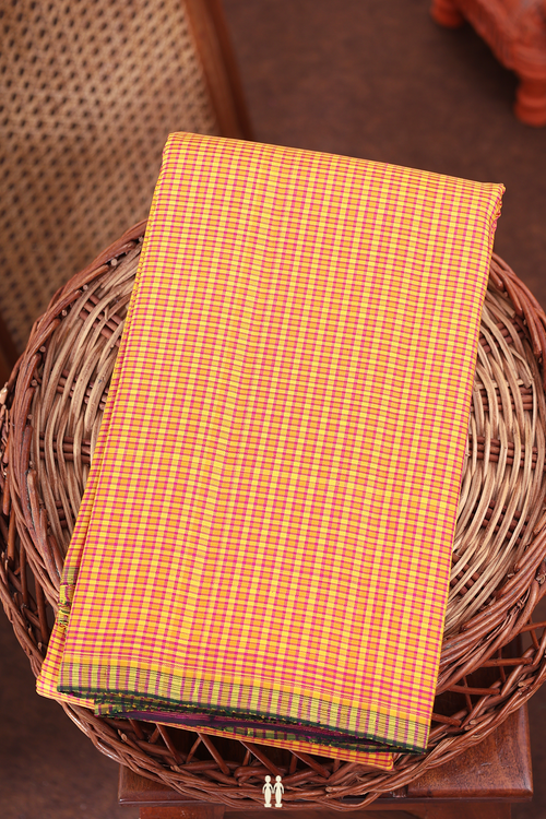 Kanchipuram Silk Saree In Yellow And Pink With Checks Design