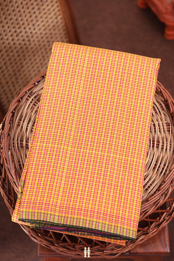 Kanchipuram Silk Saree In Yellow And Pink With Checks Design