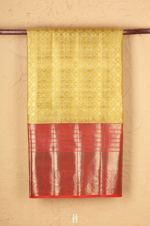 Kanchipuram Silk Saree In Yellow Tissue With Zari Buttas