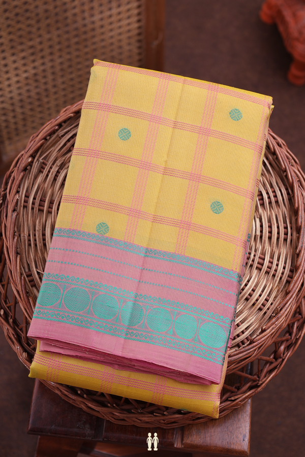 Kanchipuram Silk Saree In Yellow With Checks Along Buttas