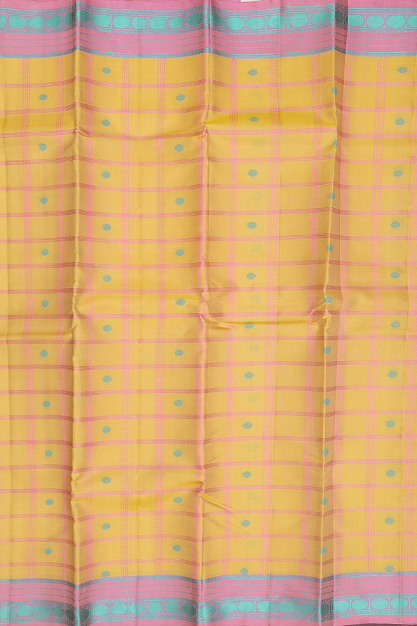 Kanchipuram Silk Saree In Yellow With Checks Along Buttas
