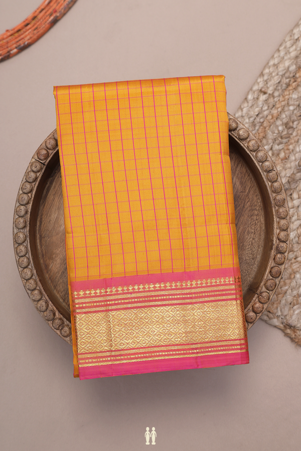 Kanchipuram Silk Saree In Yellow With Checks Design