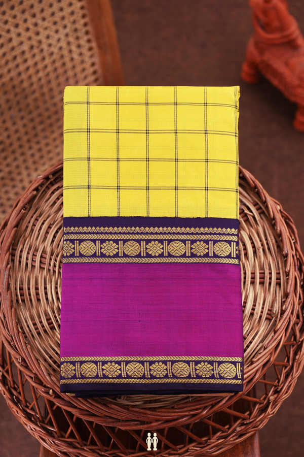 Kanchipuram Silk Saree In Yellow With Checks Design