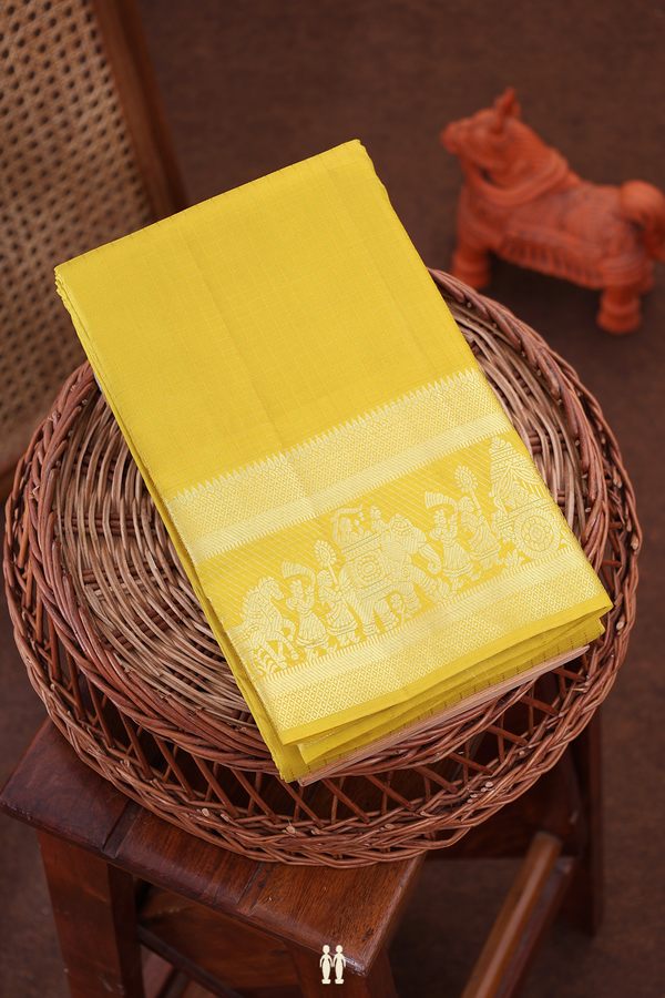 Kanchipuram Silk Saree In Yellow With Checks Design