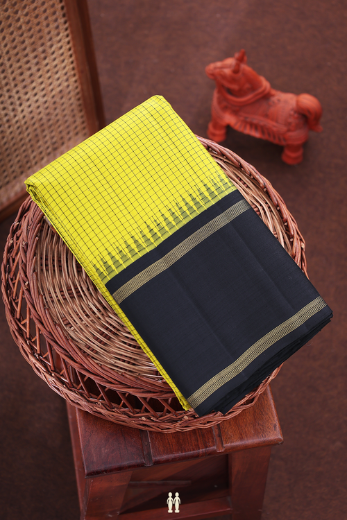 Kanchipuram Silk Saree In Yellow With Checks Design