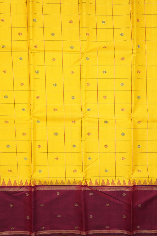 Kanchipuram Silk Saree In Yellow With Checks Design