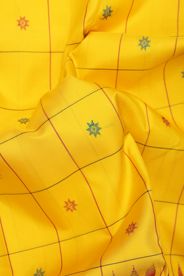 Kanchipuram Silk Saree In Yellow With Checks Design