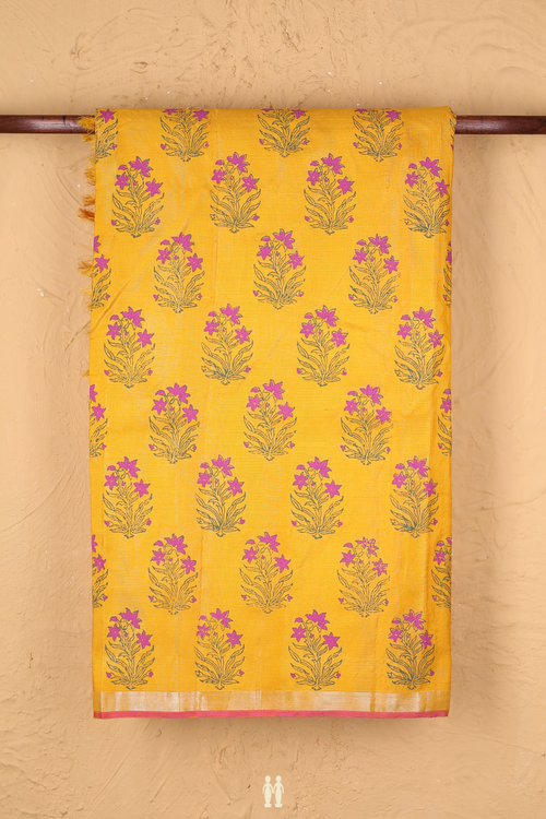 Kanchipuram Silk Saree In Yellow With Floral Printed Design
