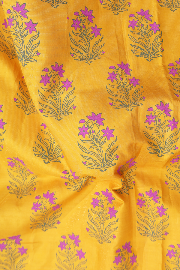 Kanchipuram Silk Saree In Yellow With Floral Printed Design