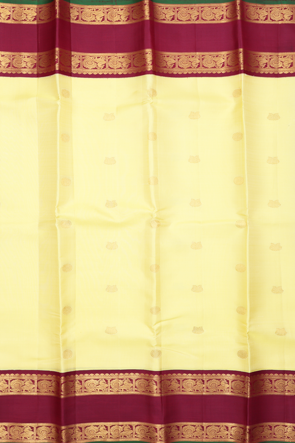 Kanchipuram Silk Saree In Yellow With Iruthalai Pakshi Buttas