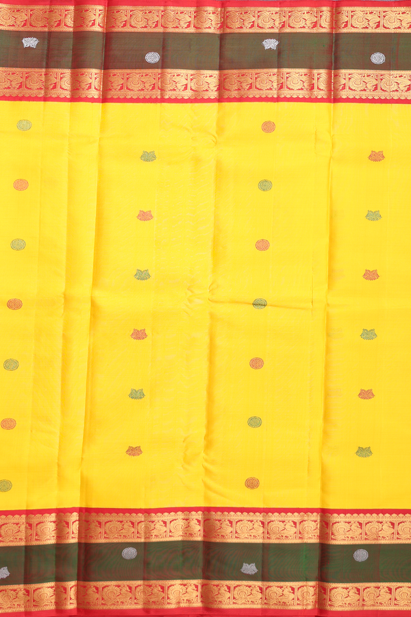 Kanchipuram Silk Saree In Yellow With Iruthalai Pakshi Buttas