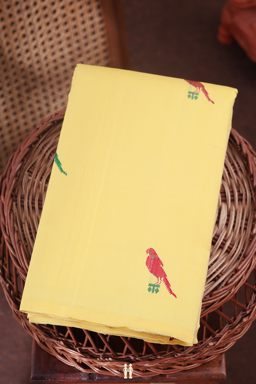 Kanchipuram Silk Saree In Yellow With Parrot Buttas