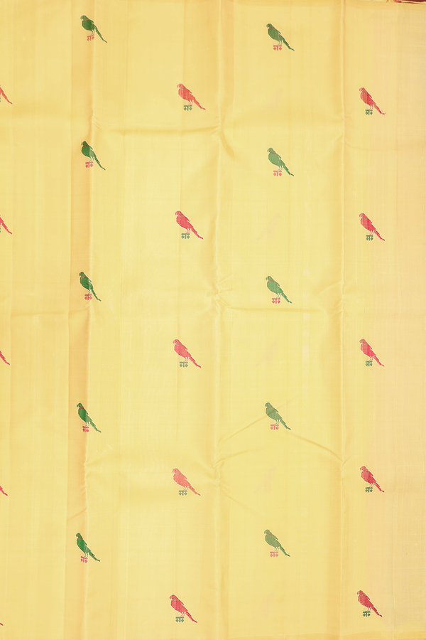 Kanchipuram Silk Saree In Yellow With Parrot Buttas