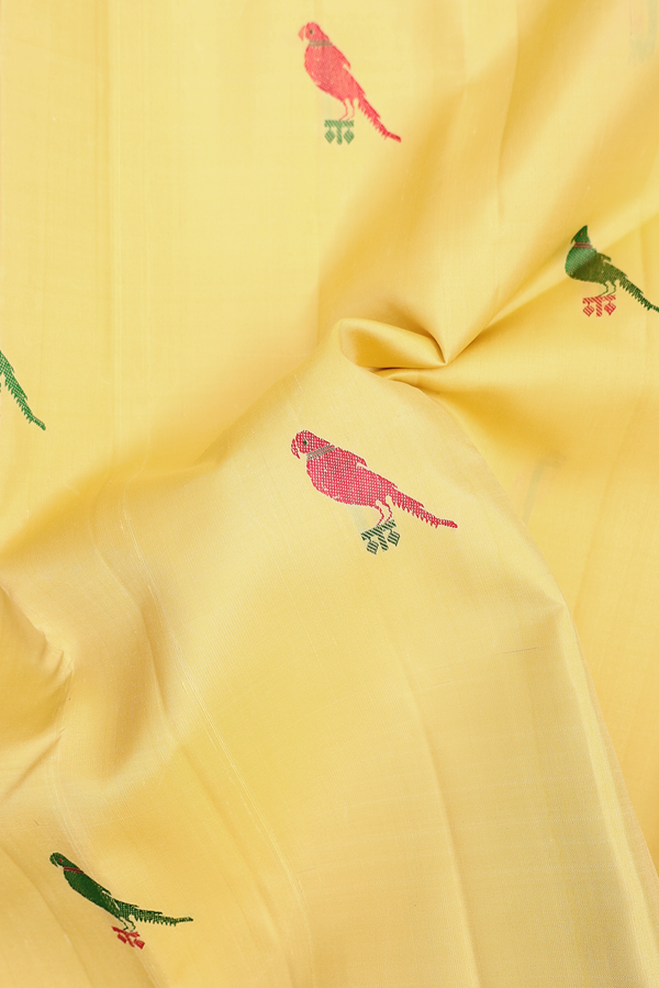 Kanchipuram Silk Saree In Yellow With Parrot Buttas