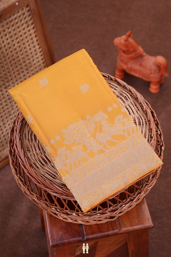 Kanchipuram Silk Saree In Yellow With Peacock Buttas