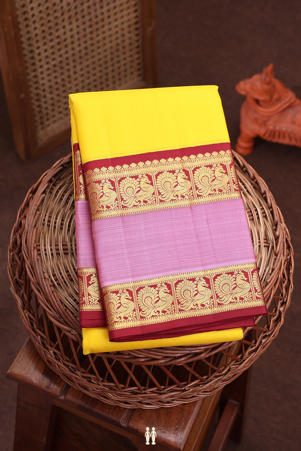 Kanchipuram Silk Saree In Yellow With Rettai Pettu Border