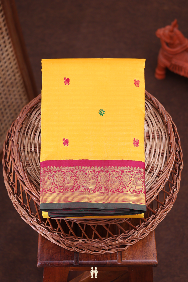 Kanchipuram Silk Saree In Yellow With Stripes Design