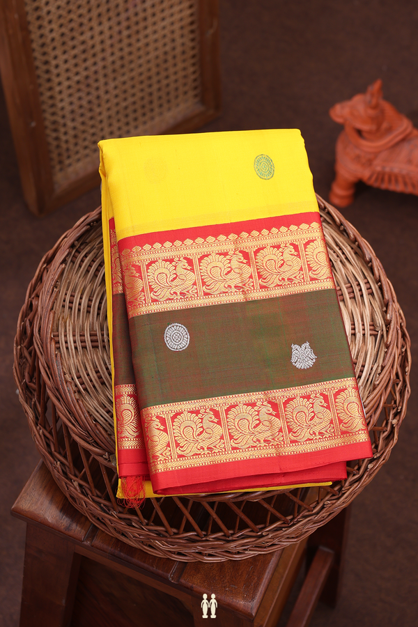 Kanchipuram Silk Saree In Yellow With Threadwork Buttas