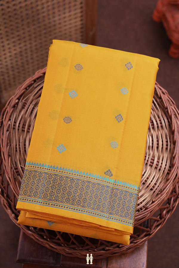 Kanchipuram Silk Saree In Yellow With Threadwork Buttas
