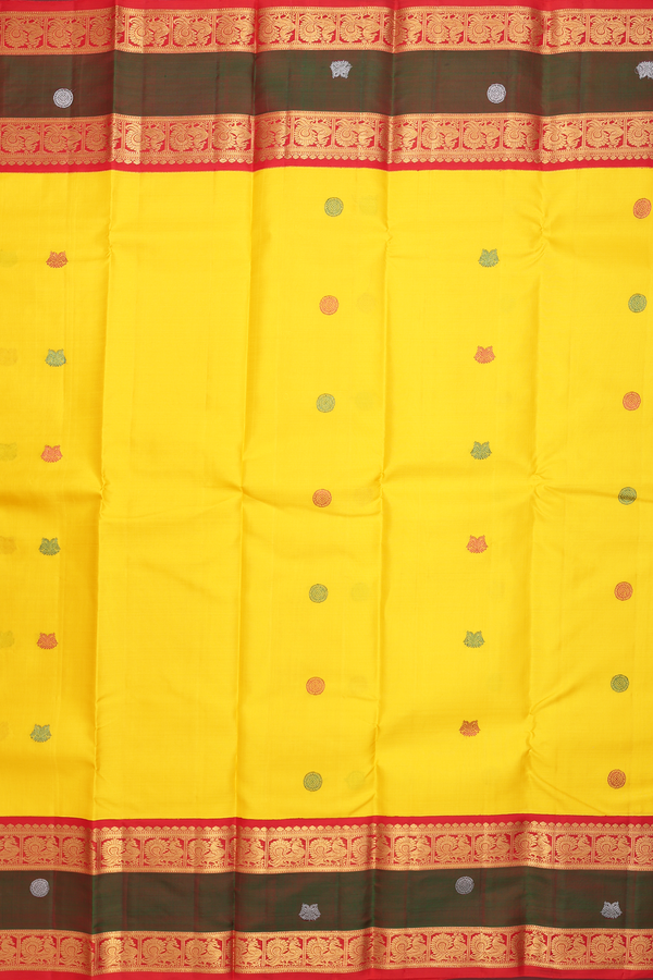 Kanchipuram Silk Saree In Yellow With Threadwork Buttas