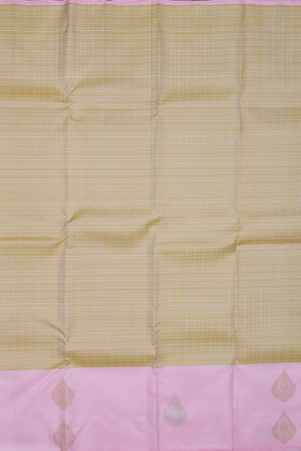 Kanchipuram Silk Saree In Yellowish Beige With Checks Design