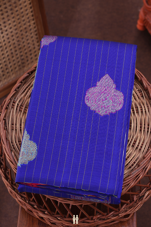 Kanchipuram Silk Saree Indigo Blue With Stripes Along Motifs