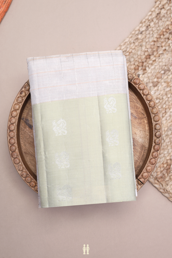 Kanchipuram Silk Saree Light Grey With Tissue Checks Design