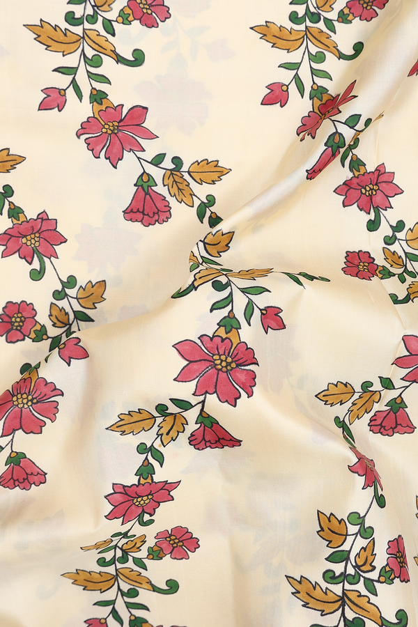 Kanchipuram Silk Saree Light Yellow With Floral Hand Painted