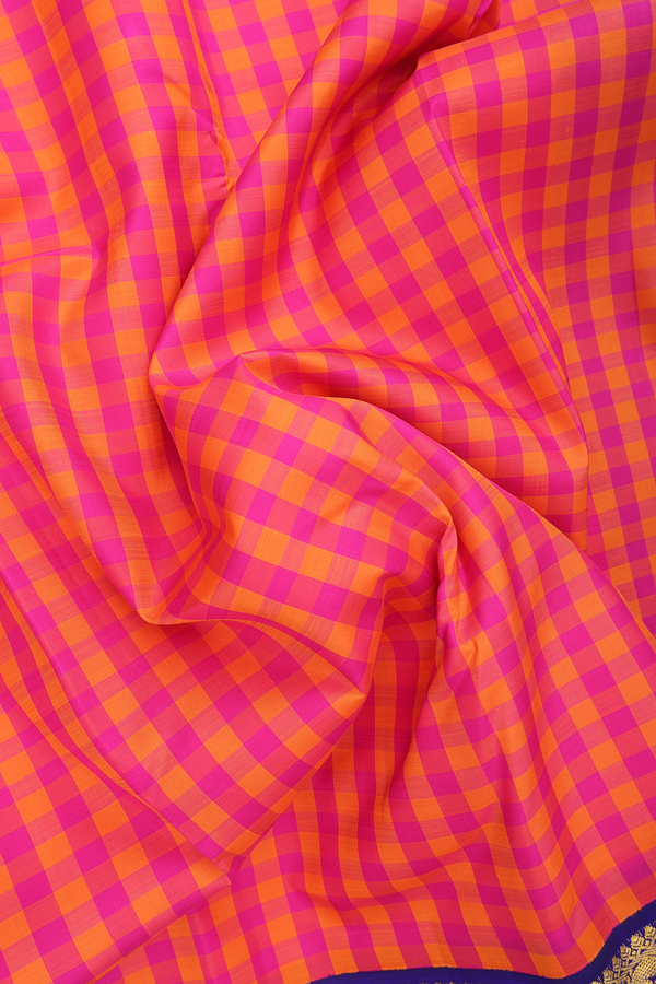 Kanchipuram Silk Saree Magenta And Orange With Checks Design