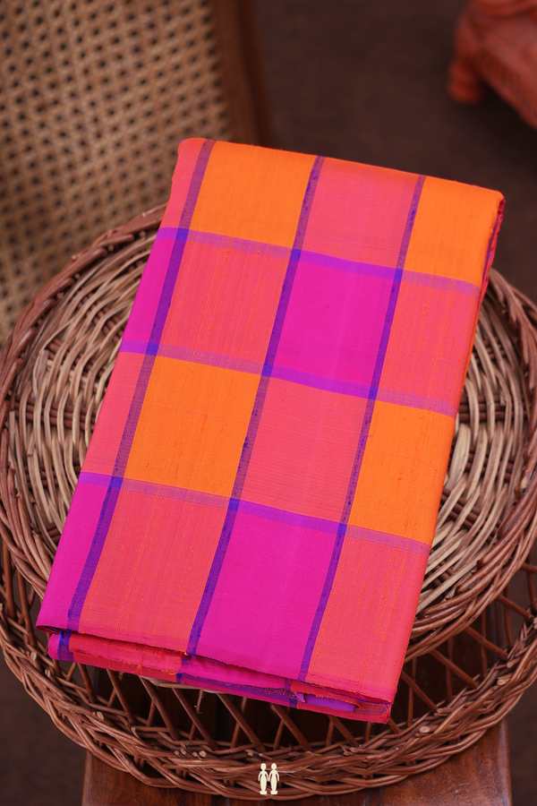 Kanchipuram Silk Saree Magenta And Orange With Checks Design