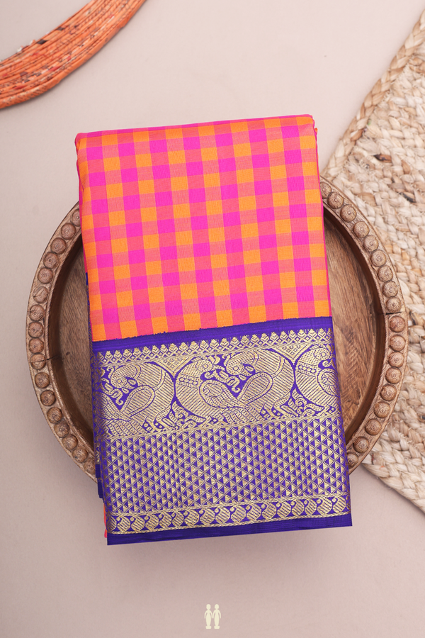 Kanchipuram Silk Saree Magenta And Orange With Checks Design