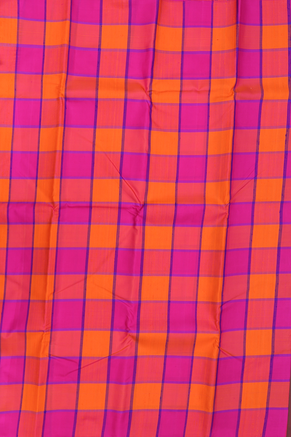 Kanchipuram Silk Saree Magenta And Orange With Checks Design