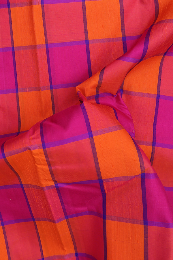 Kanchipuram Silk Saree Magenta And Orange With Checks Design