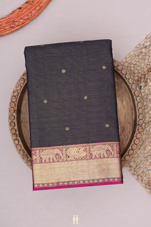 Kanchipuram Silk Saree Midnight Blue With Stripes Along Buttas