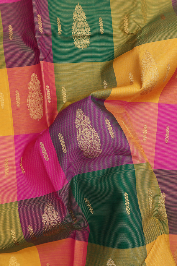 Kanchipuram Silk Saree Multicolor Along Checks With Buttas