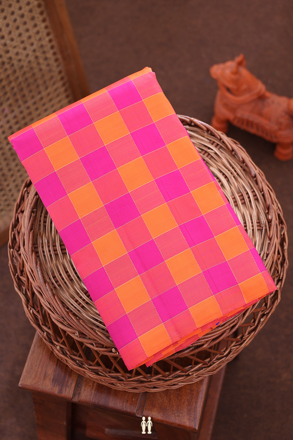 Kanchipuram Silk Saree Orange And Magenta With Checks Design