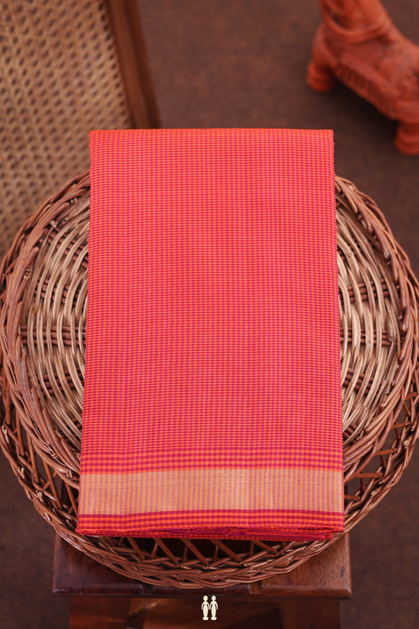 Kanchipuram Silk Saree Orange And Magenta With Checks Design