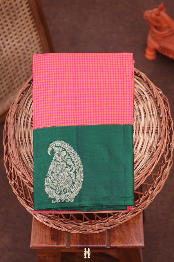 Kanchipuram Silk Saree Orange And Magenta With Checks Design
