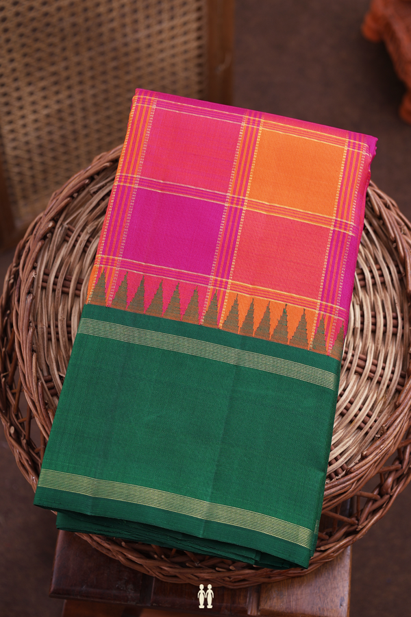 Kanchipuram Silk Saree Orange And Magenta With Checks Design